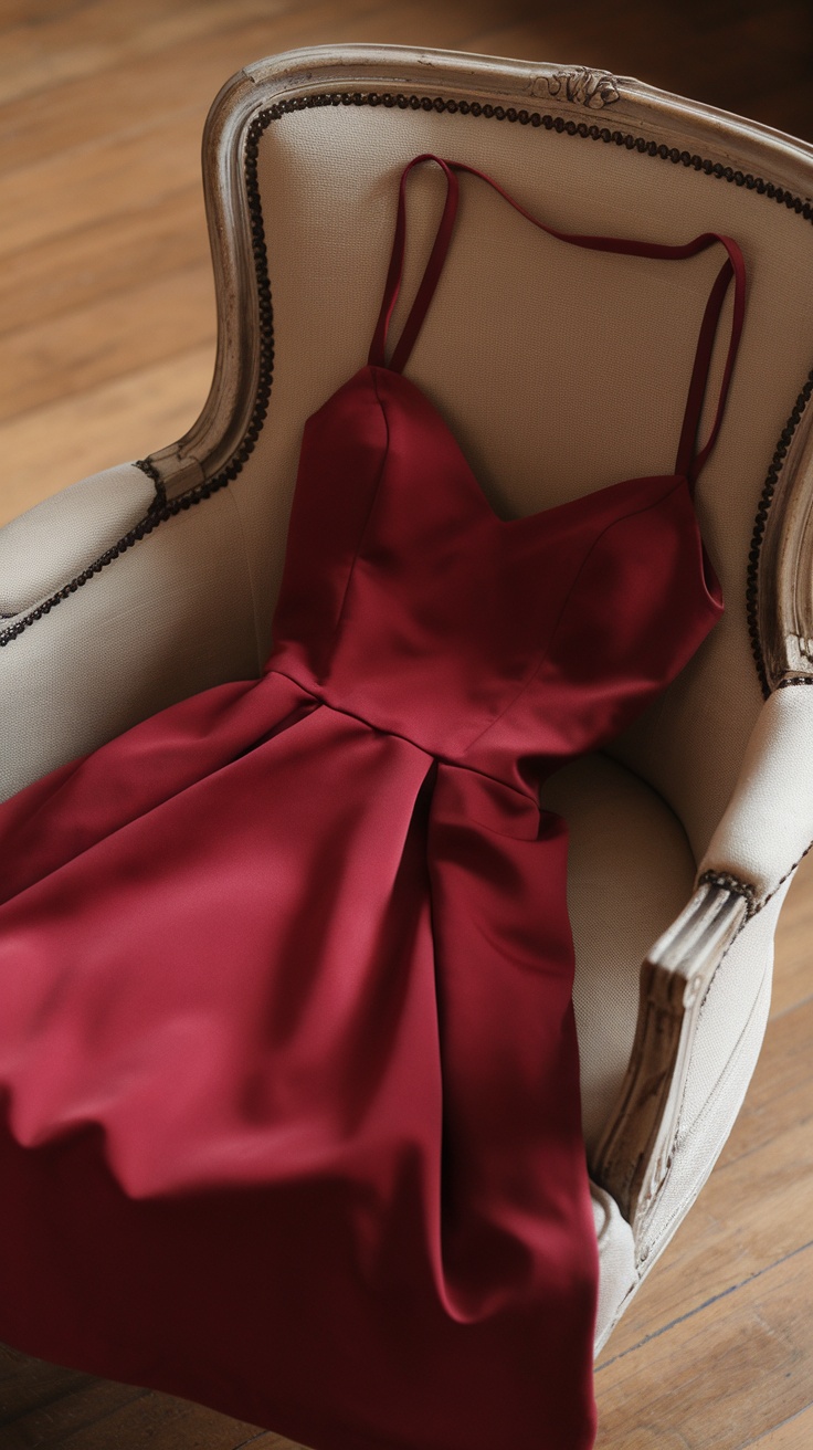 A cherry red midi dress draped elegantly over a vintage chair.