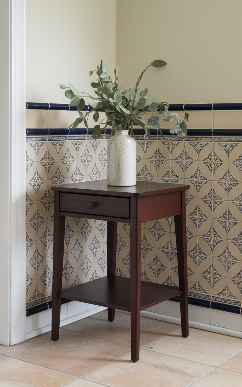 A dark cherry wood side table with a drawer, topped with a vase of greenery, set against a patterned tiled wall.