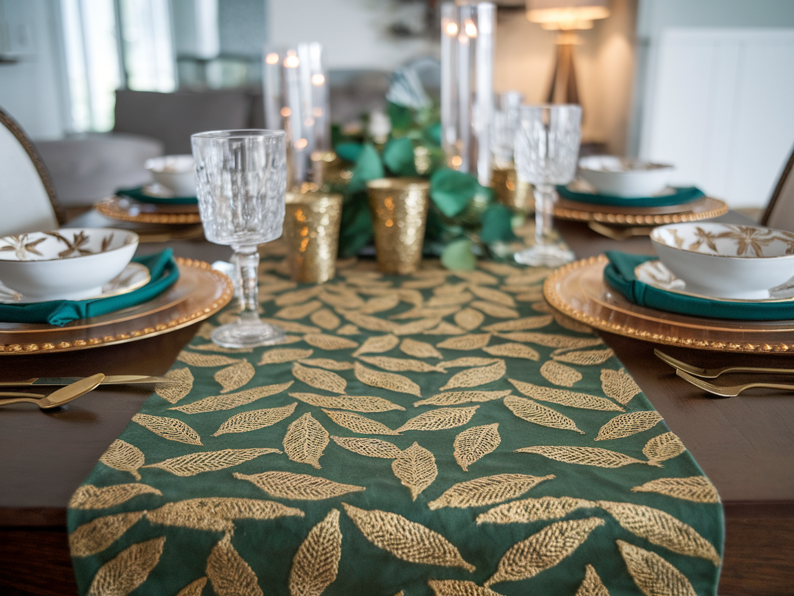 A beautifully set table featuring a green table runner with golden leaf patterns, elegant dishware, and sparkling candle holders.