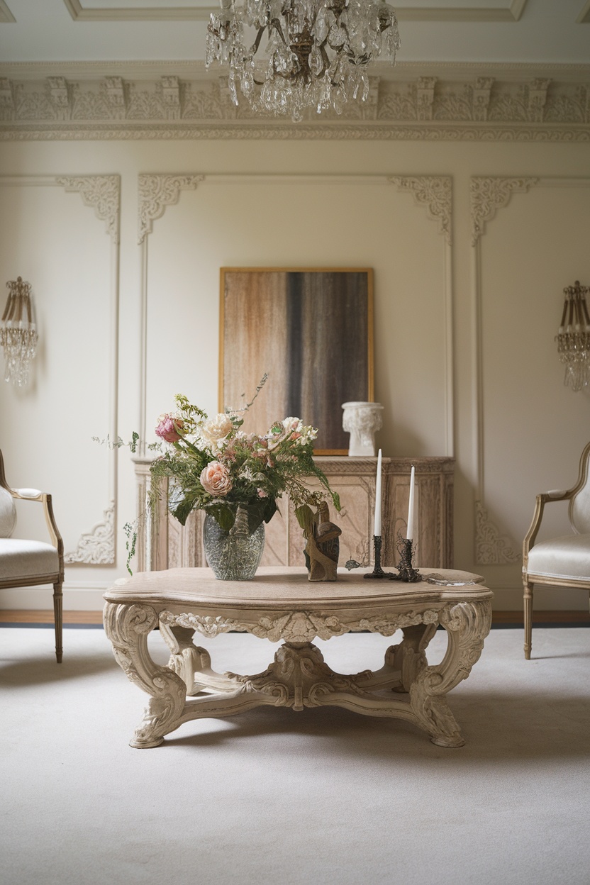 A stylish living room featuring an ornate coffee table with floral arrangement, surrounded by elegant chairs and decor in soft colors.