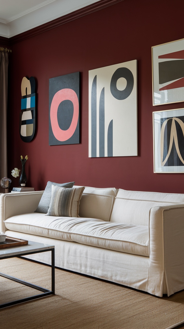 A cozy living room featuring a dark cherry red accent wall with modern art, a light-colored sofa, and a stylish coffee table.