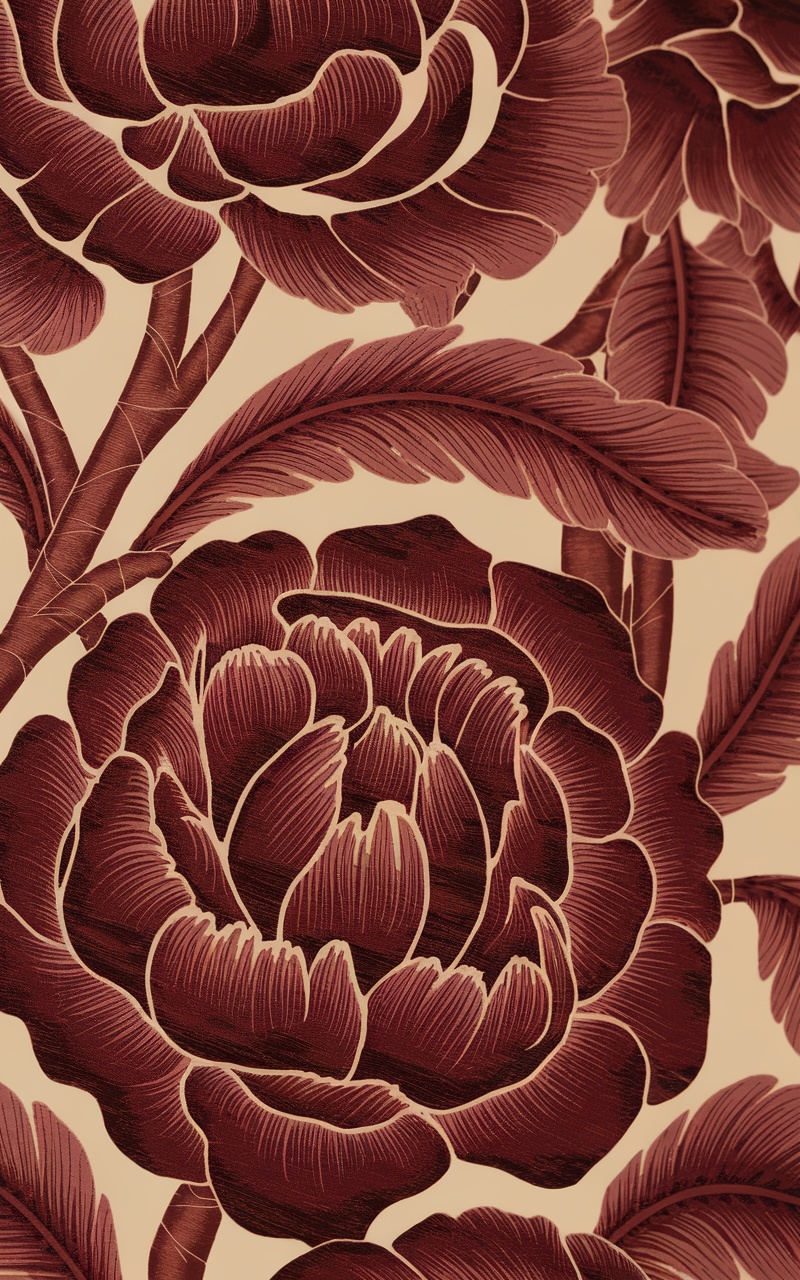 Dark cherry red floral patterns on a cream background