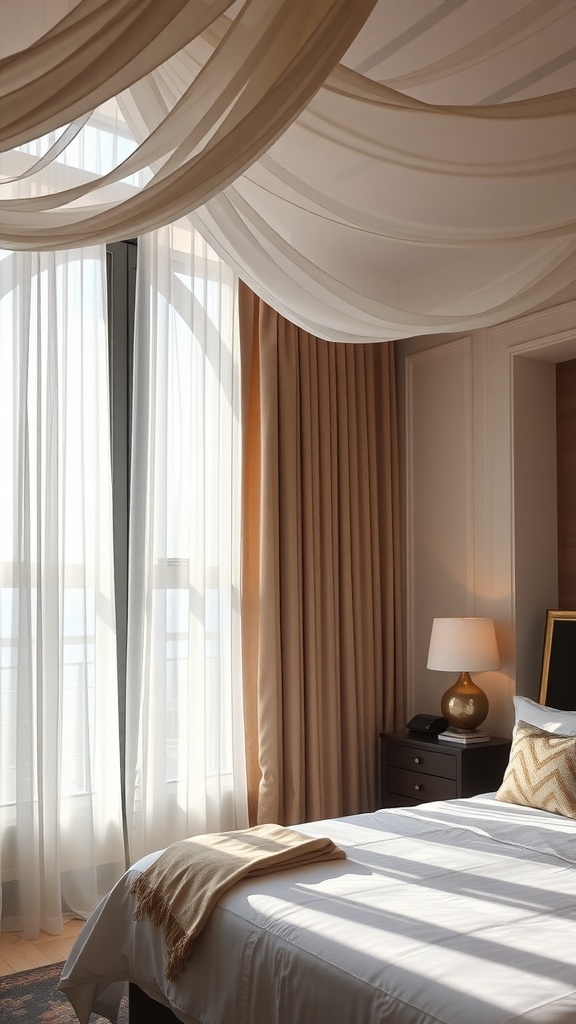 A bedroom with luxurious drapery and a large window, showcasing elegant curtains in soft tones