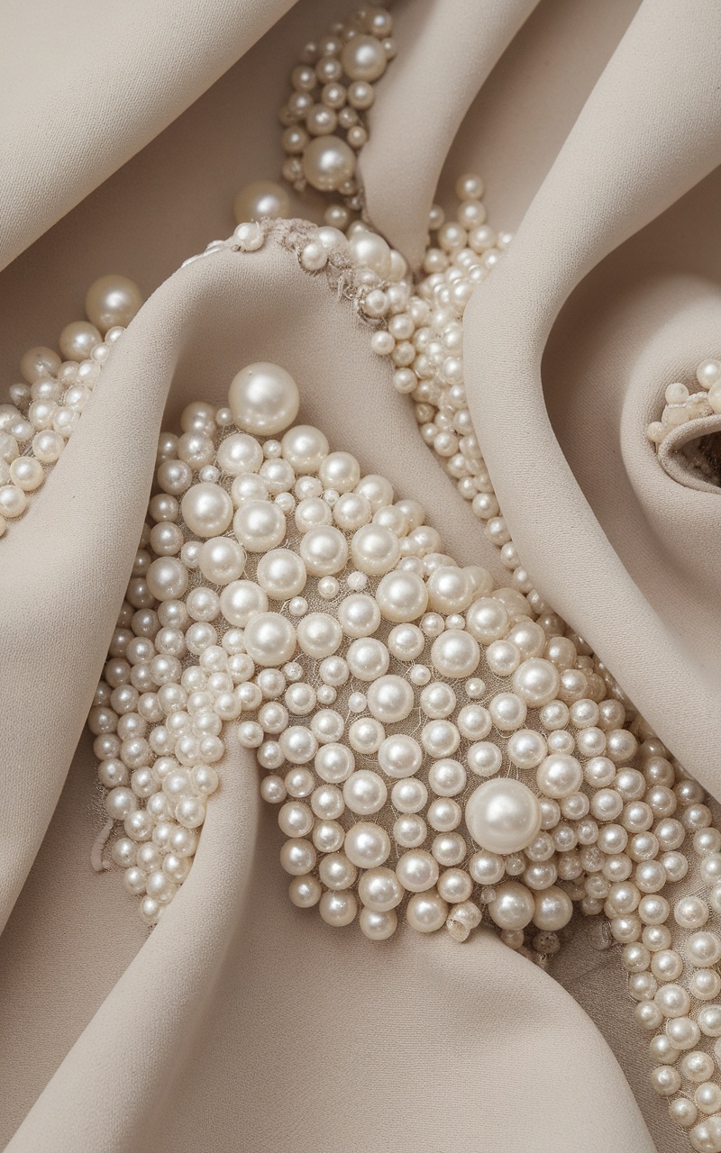 Close-up of pearl accents on soft beige fabric