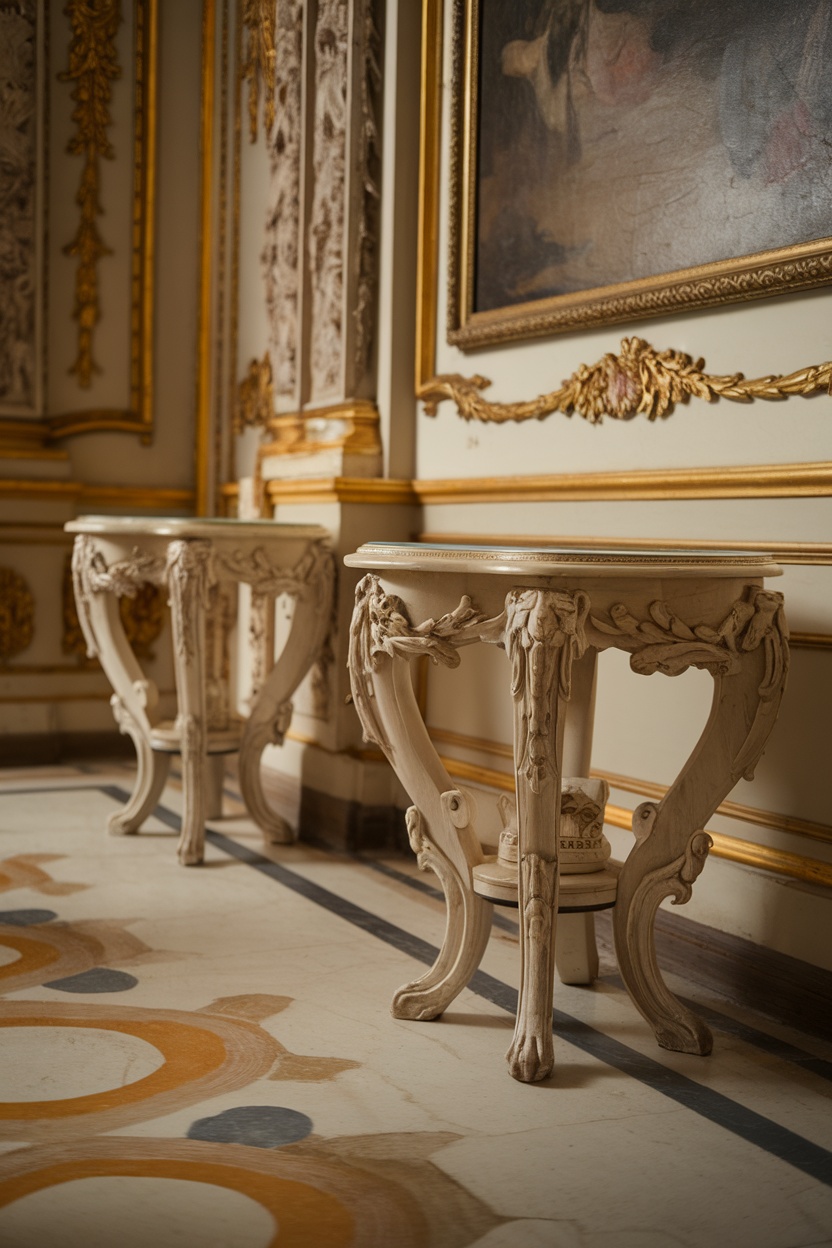 Two elegant side tables with intricate designs in a richly decorated room