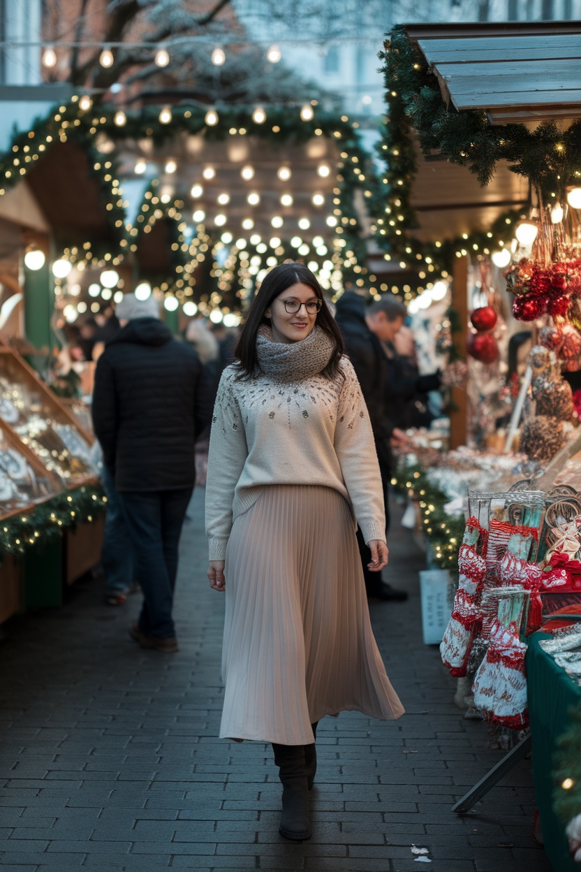 A woman wearing an embellished sweater and a midi skirt, walking through a festive winter market with lights.