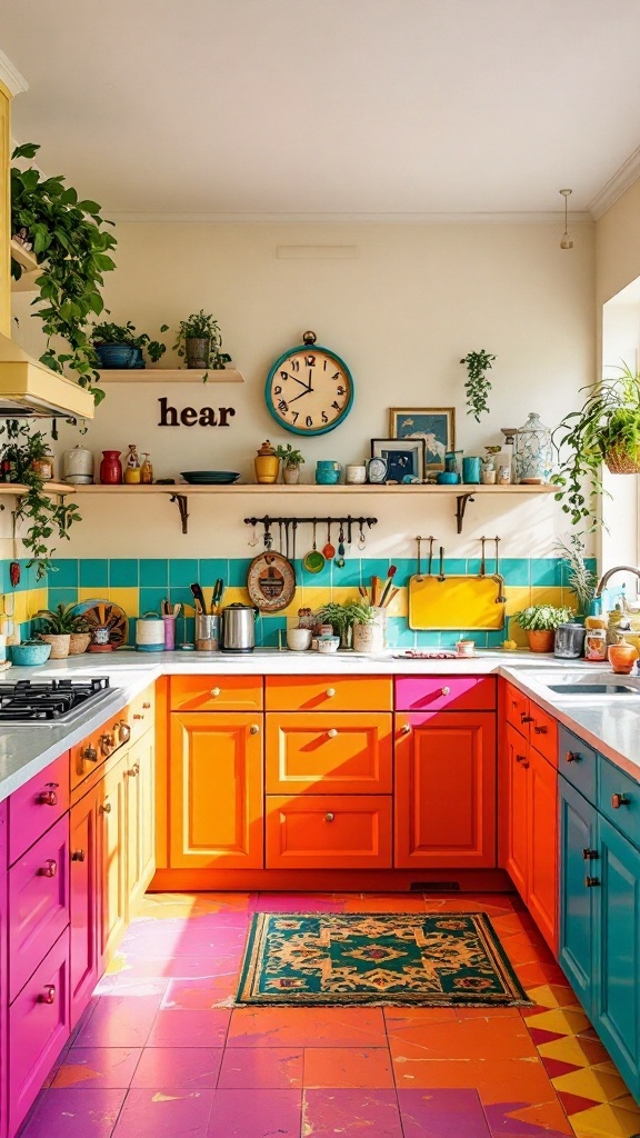 A colorful kitchen featuring vibrant cabinets in orange, pink, and teal, with a playful backsplash and decorative plants.