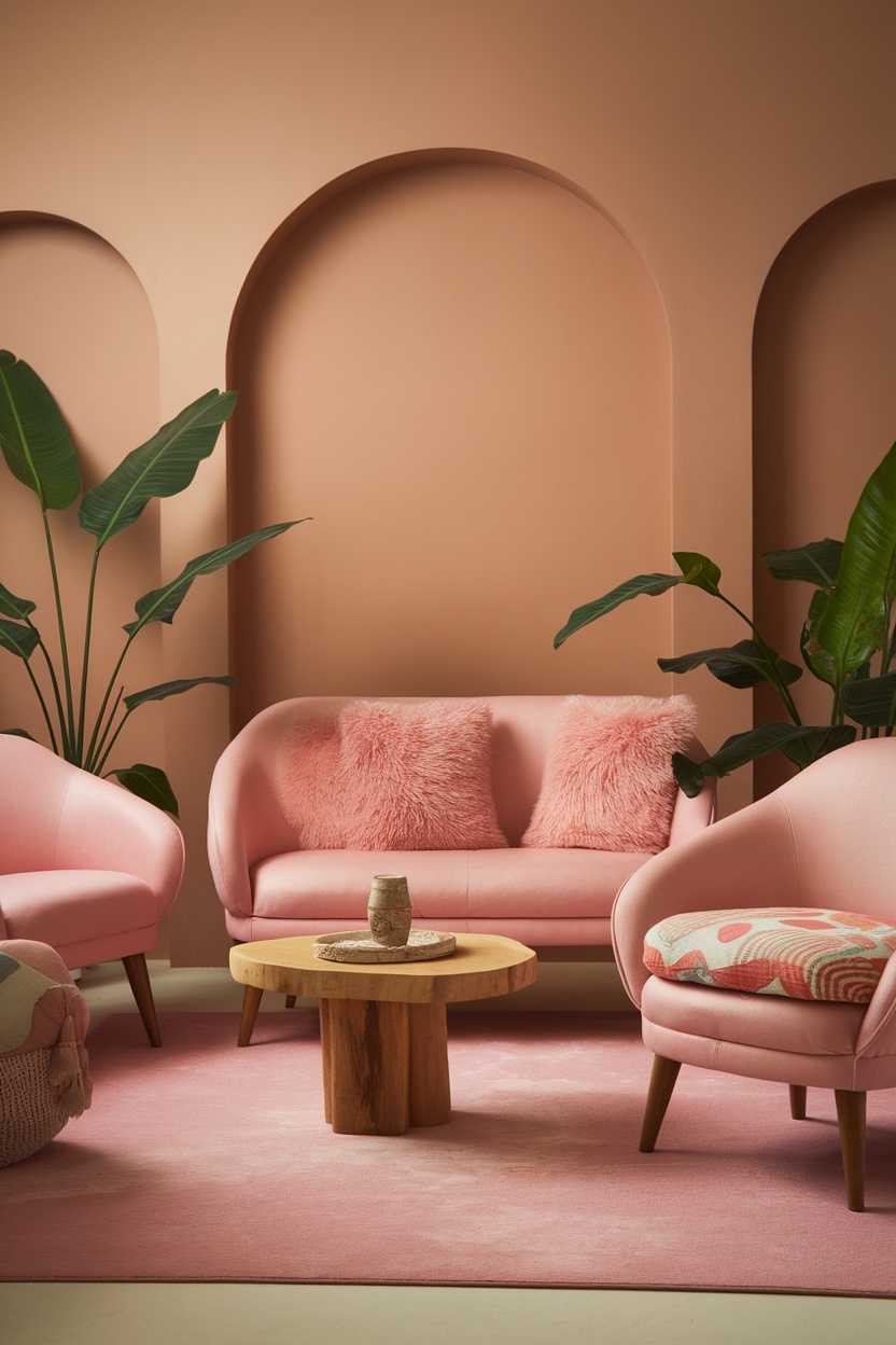 A cozy pink room with soft pink furniture, fluffy cushions, and a wooden table surrounded by plants.