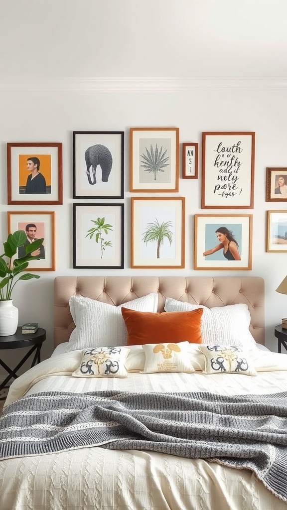 A cozy bedroom featuring a gallery wall with various framed artworks including a tree print and a portrait.