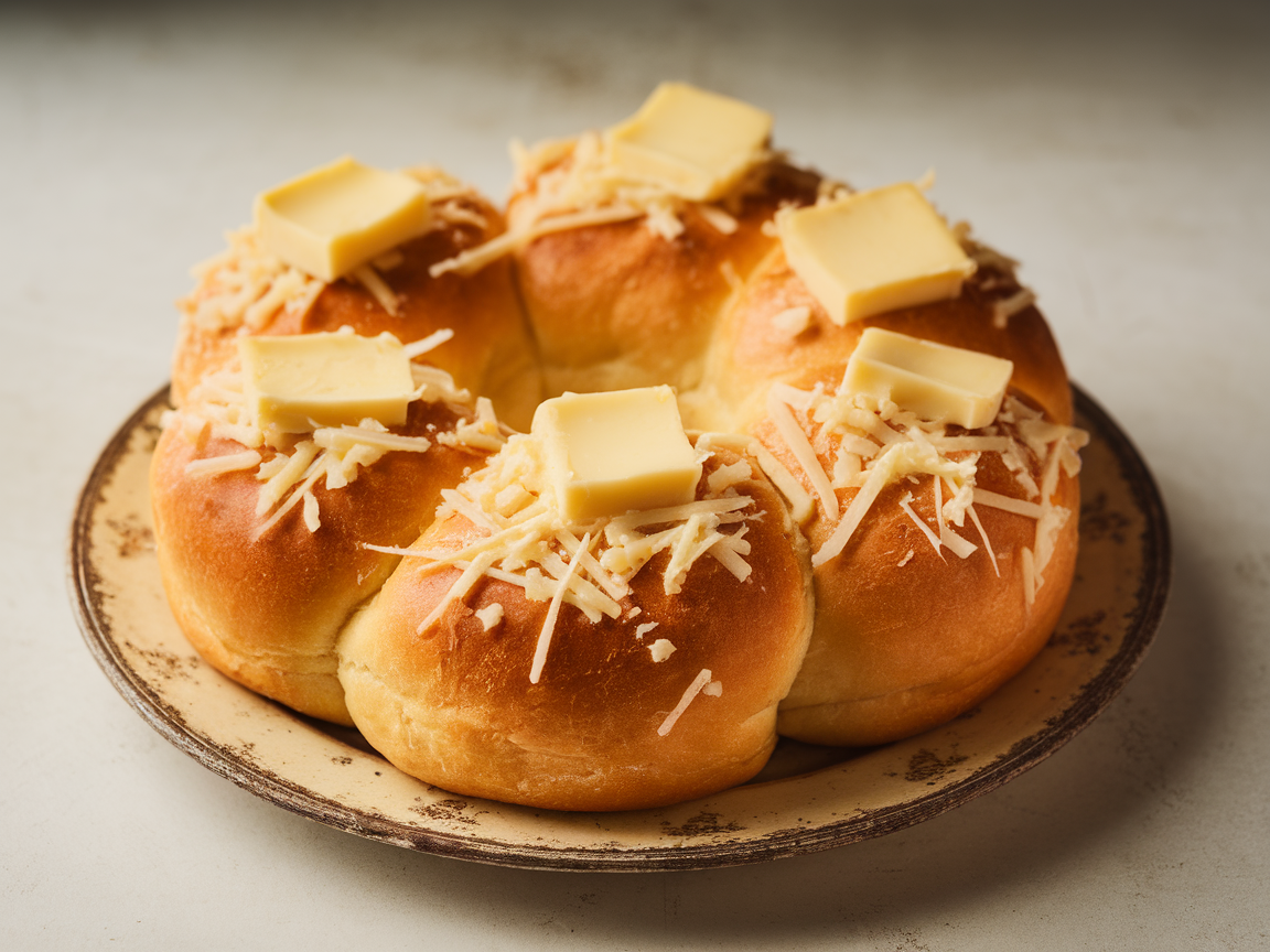 A plate of ensaymada bread rolls topped with butter and cheese.