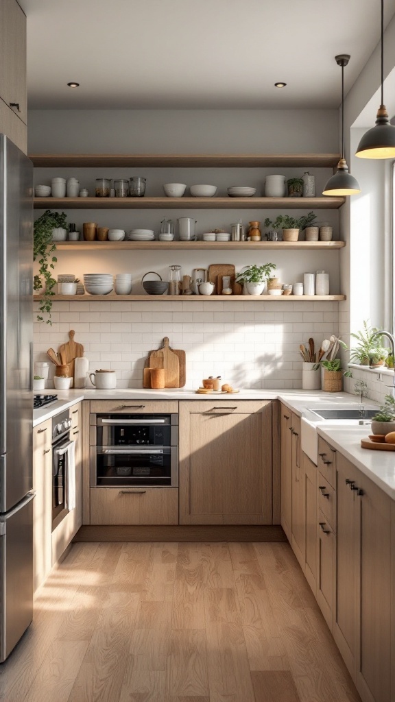 Modern ergonomic kitchen design with open shelving, natural light, and wooden accents