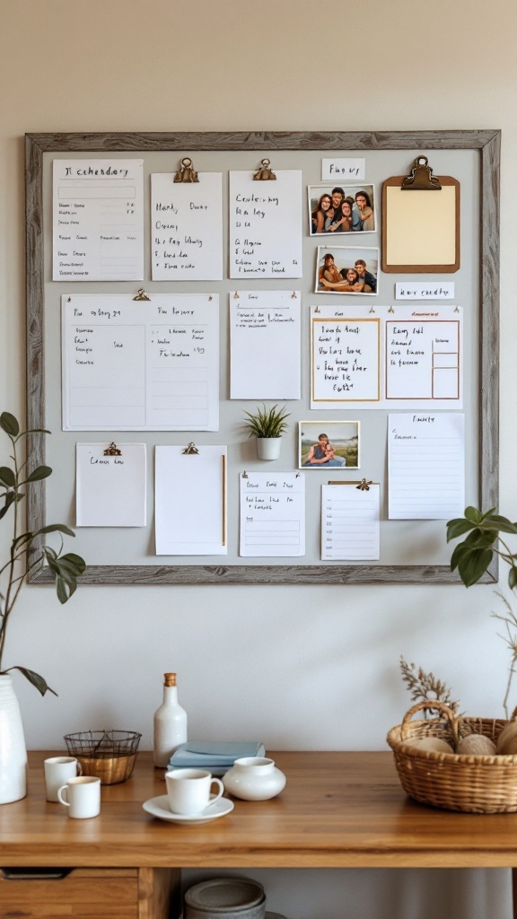 A family organization board displaying a weekly menu, calendar, and notes with personal photos.