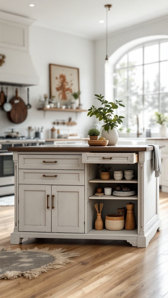 A cozy kitchen island with hidden storage and decorative plants