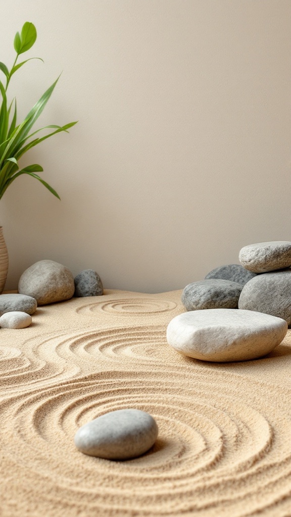 A peaceful Zen garden with smooth stones and raked sand.