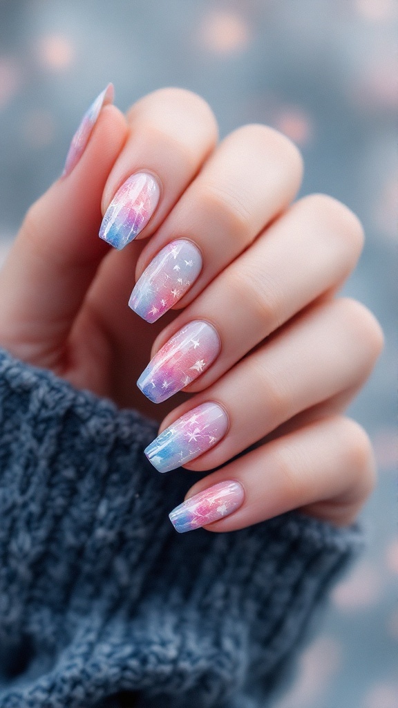 Nail art featuring ethereal watercolor design with pink and blue shades and sparkles