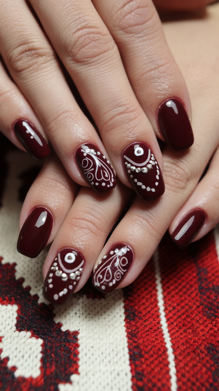 Dark cherry red nails featuring white ethnic patterns, showcasing unique nail art