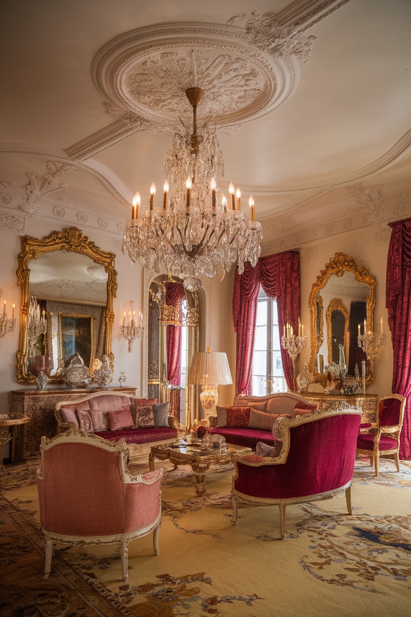 An elegant living room featuring a large crystal chandelier, ornate mirrors, and plush seating, showcasing Rococo Revival style.