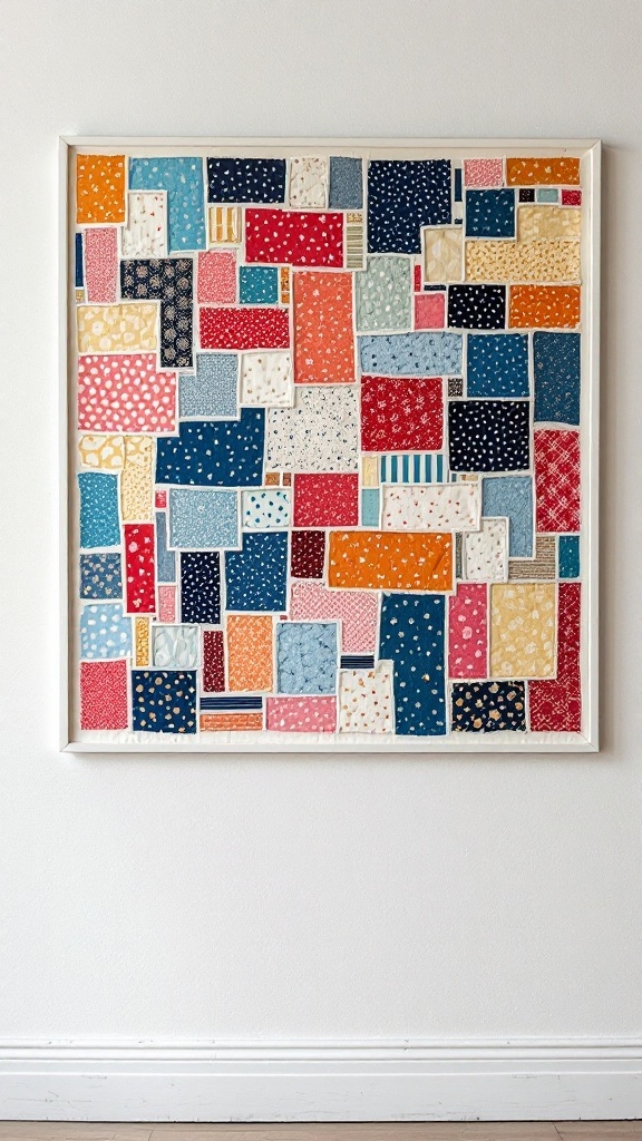 Colorful fabric scrap quilt art framed on a wall