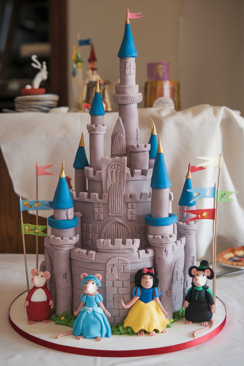 A whimsical rat castle cake featuring fondant towers, colorful flags, and cute rat characters in fairytale outfits.