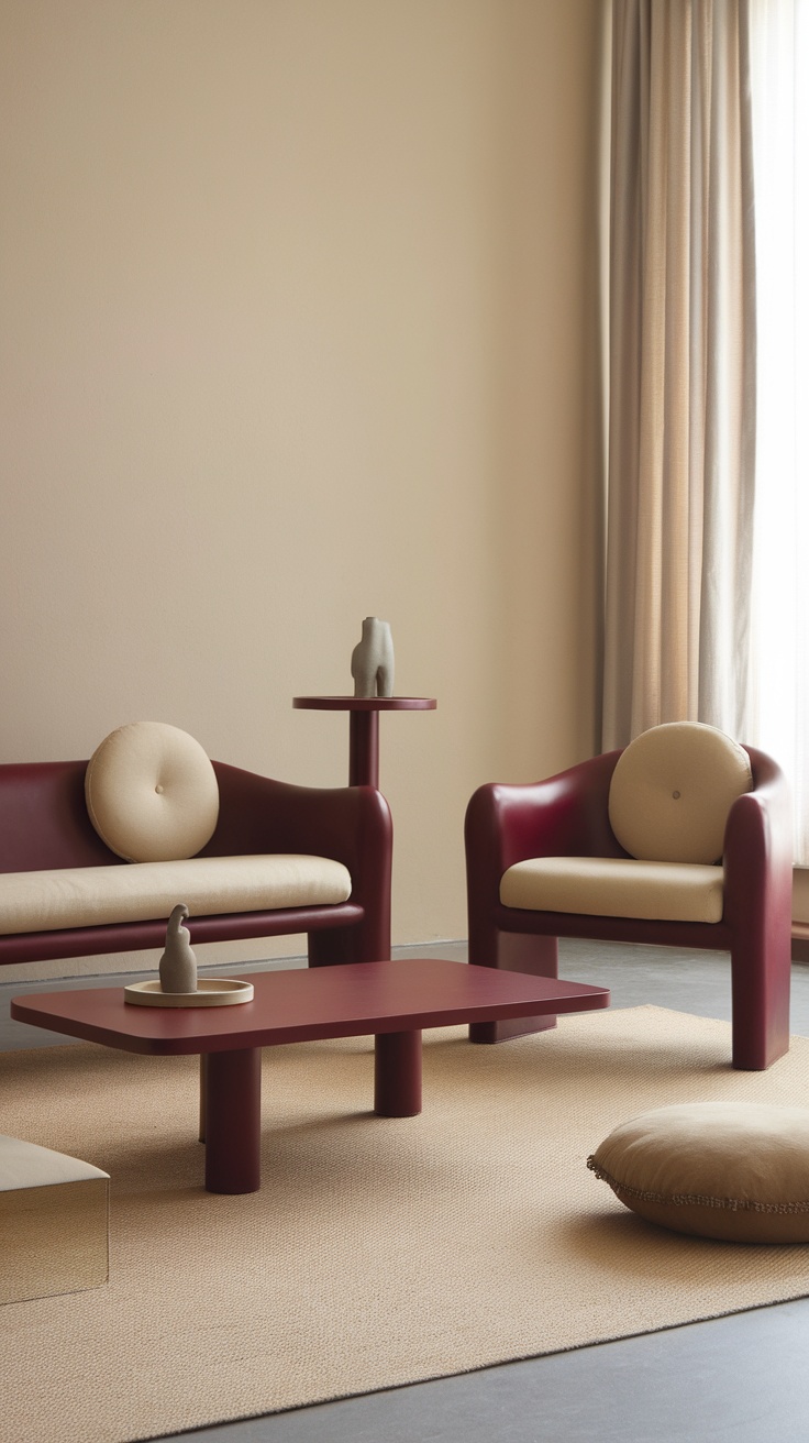 A cozy living room featuring dark cherry red furniture with soft cushions and a neutral rug.