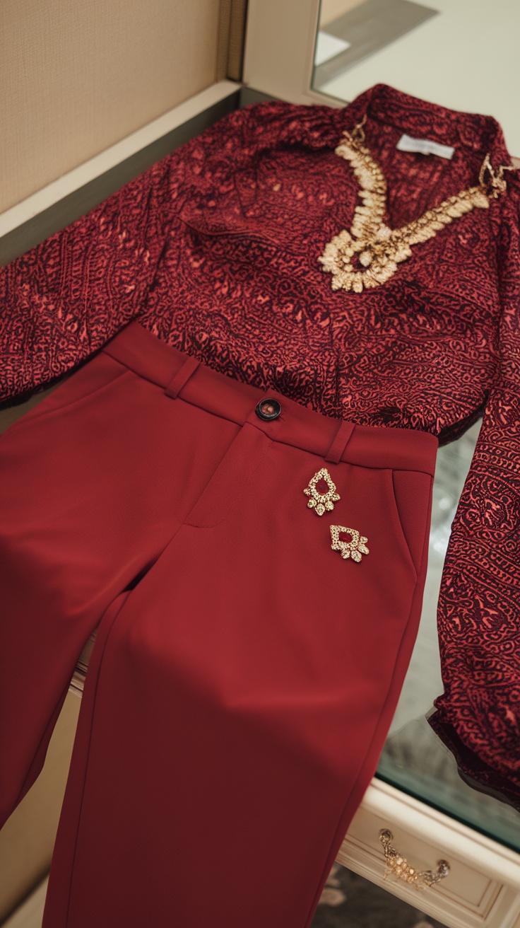 A fashionable outfit featuring cherry red pants and a patterned blouse with jewelry.