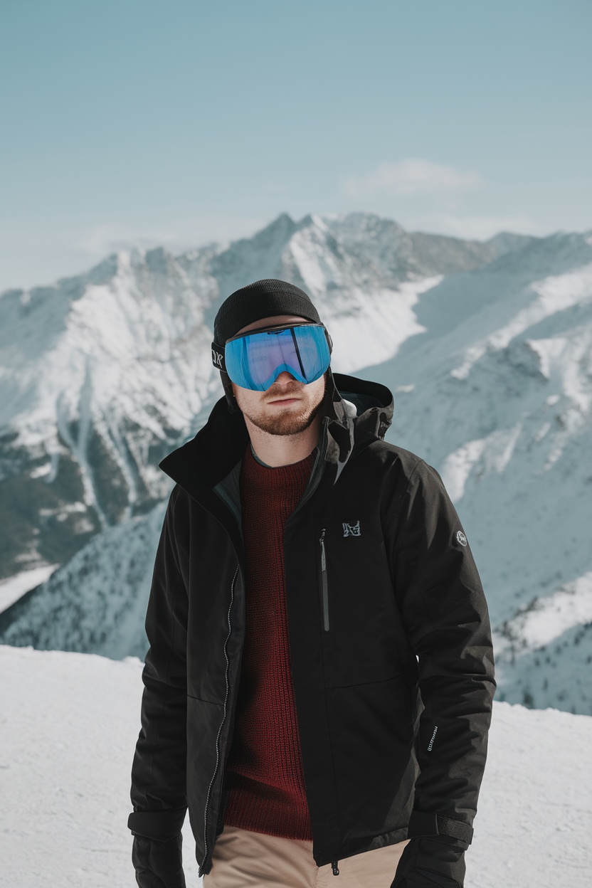 A man wearing fashionable blue-tinted ski goggles, standing in front of snowy mountains.