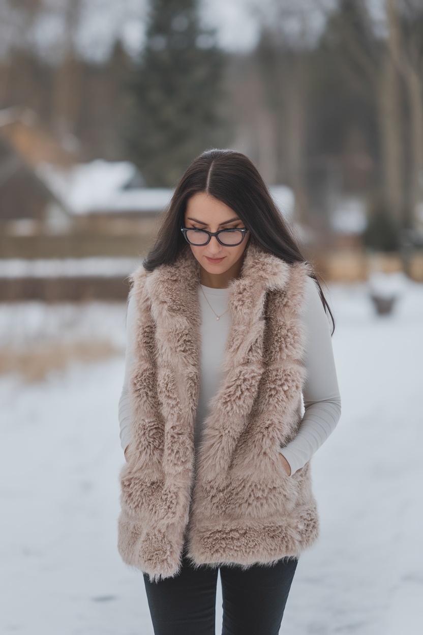 A woman wearing a faux fur vest over a white tee, looking down with a snowy background.