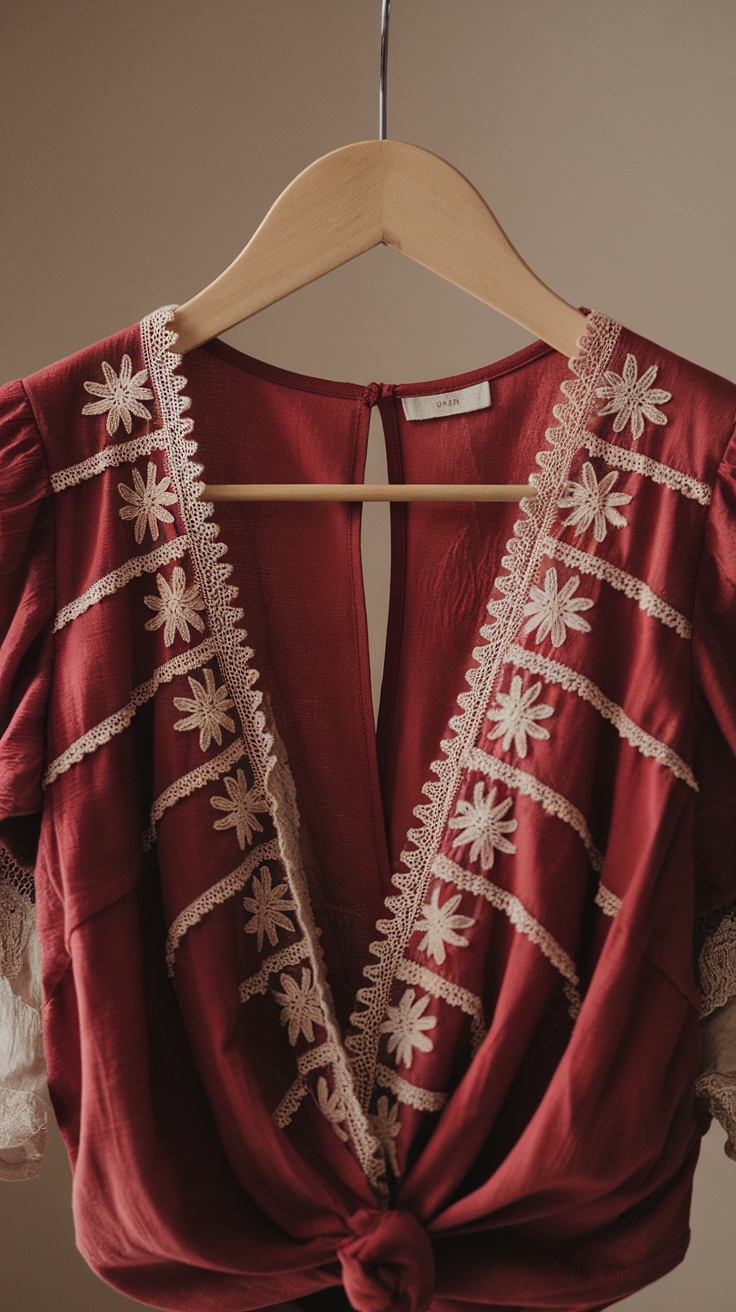 A cherry red blouse with floral embroidery hanging on a wooden hanger