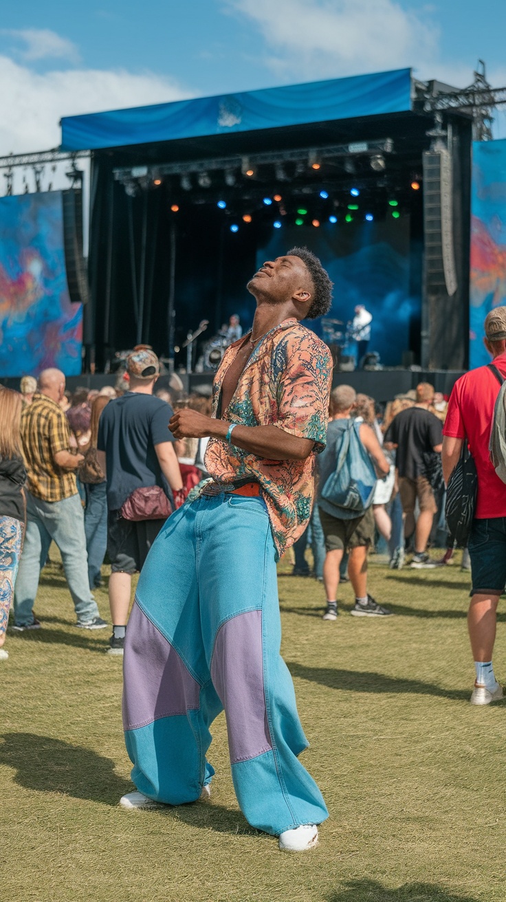 A person dancing at a music festival, wearing baggy jeans and a colorful shirt, with a crowd in the background.