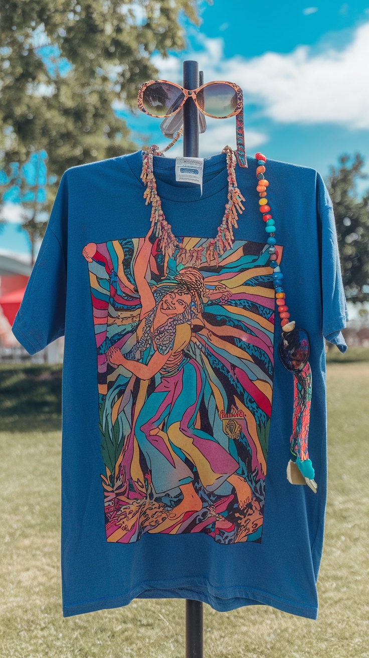 A vibrant blue t-shirt with a colorful design hanging on a post, accompanied by sunglasses and jewelry, set against a clear sky.