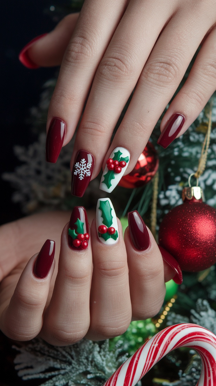 Festive cherry red nails with holly and snowflake designs, set against a holiday backdrop