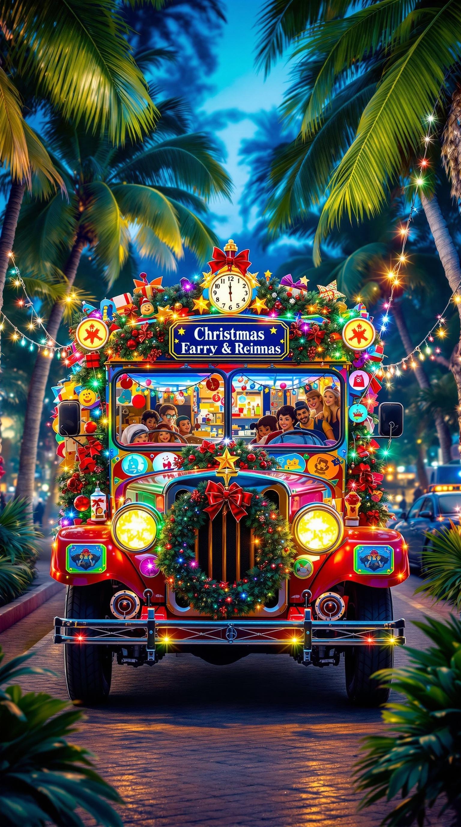 A brightly decorated jeepney for Christmas, adorned with lights and festive ornaments, surrounded by palm trees.