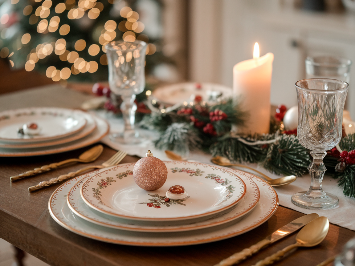 A beautifully set festive table for two with plates, cutlery, and candles.