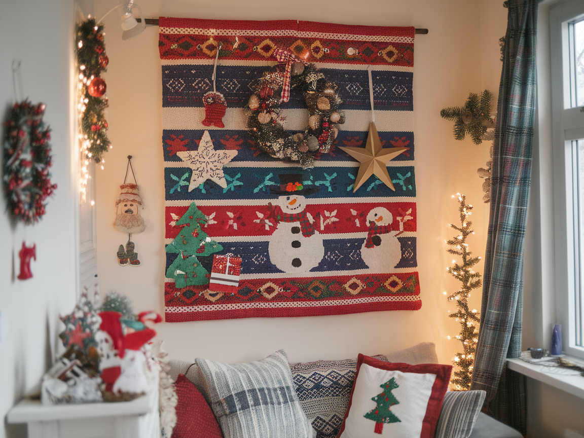 A cozy holiday-themed wall hanging featuring snowmen, Christmas trees, and festive decorations.