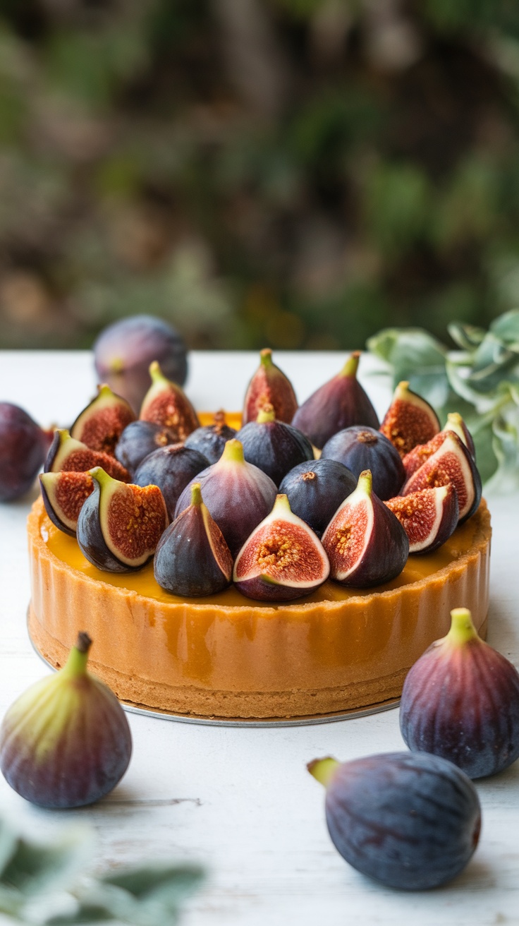 Delicious Fig and Honey Tart decorated with fresh figs.