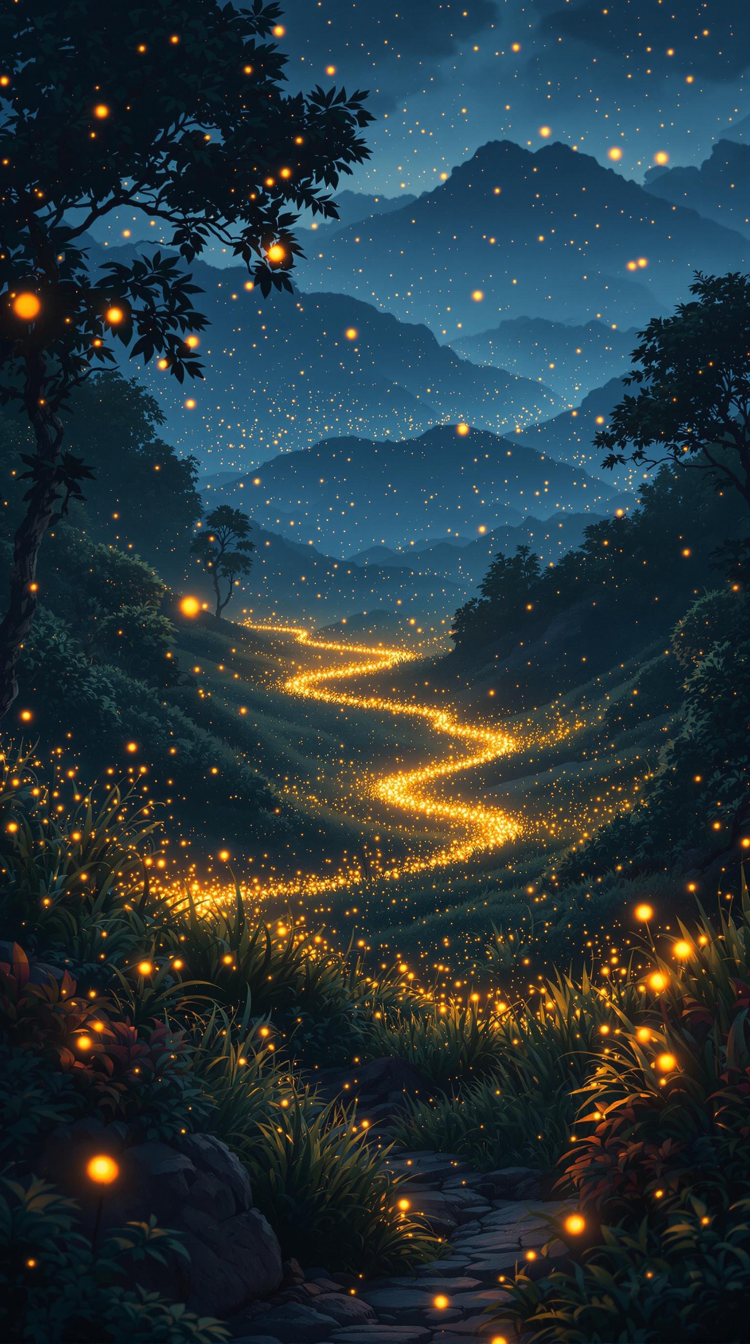 A magical scene with glowing fireflies illuminating a winding path through a lush landscape at twilight.