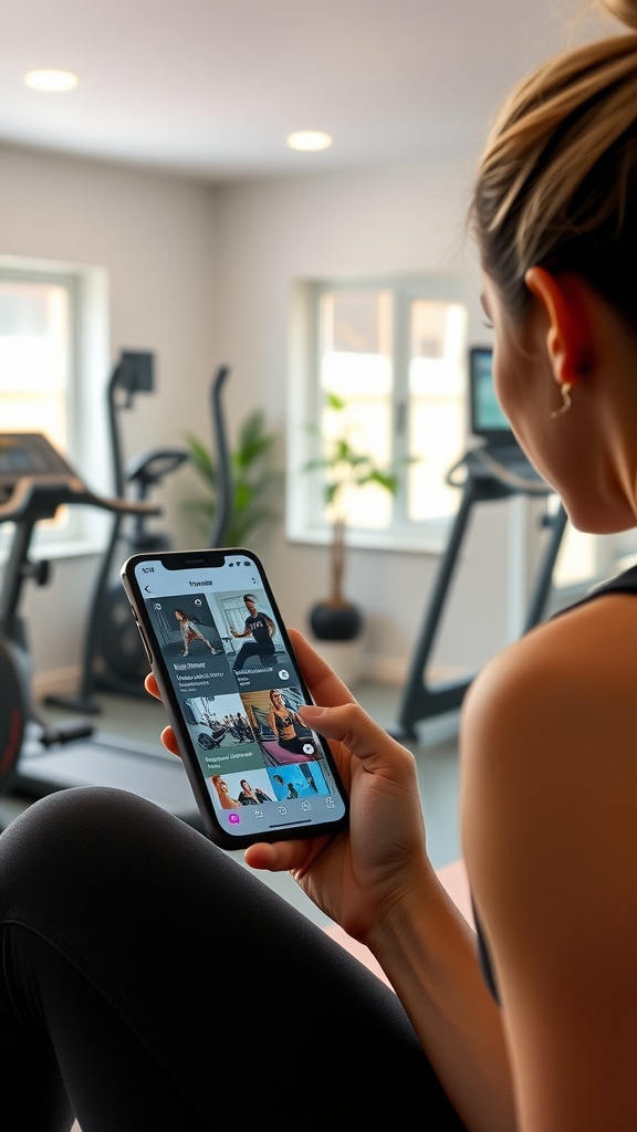 A person using a fitness app on their smartphone in a gym setting.