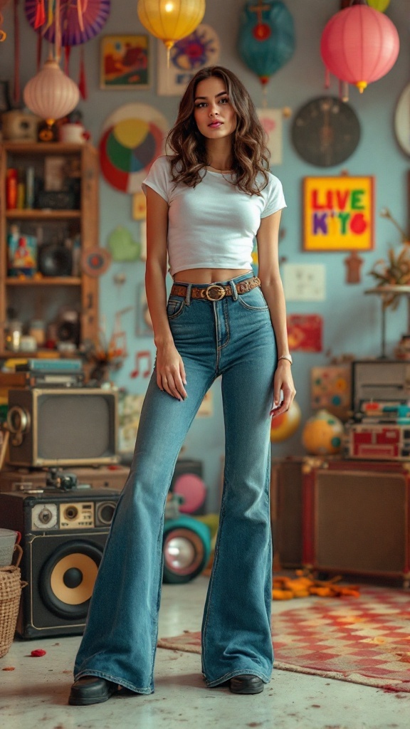 Model wearing flared cinch jeans with a white top in a vintage-inspired room