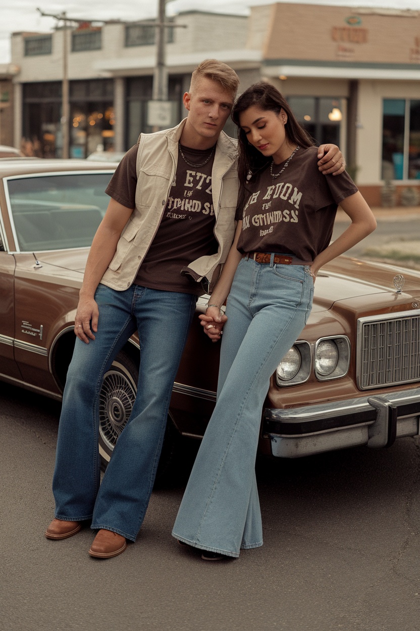 A couple wearing flared jeans and vintage tees, standing next to a classic brown car.