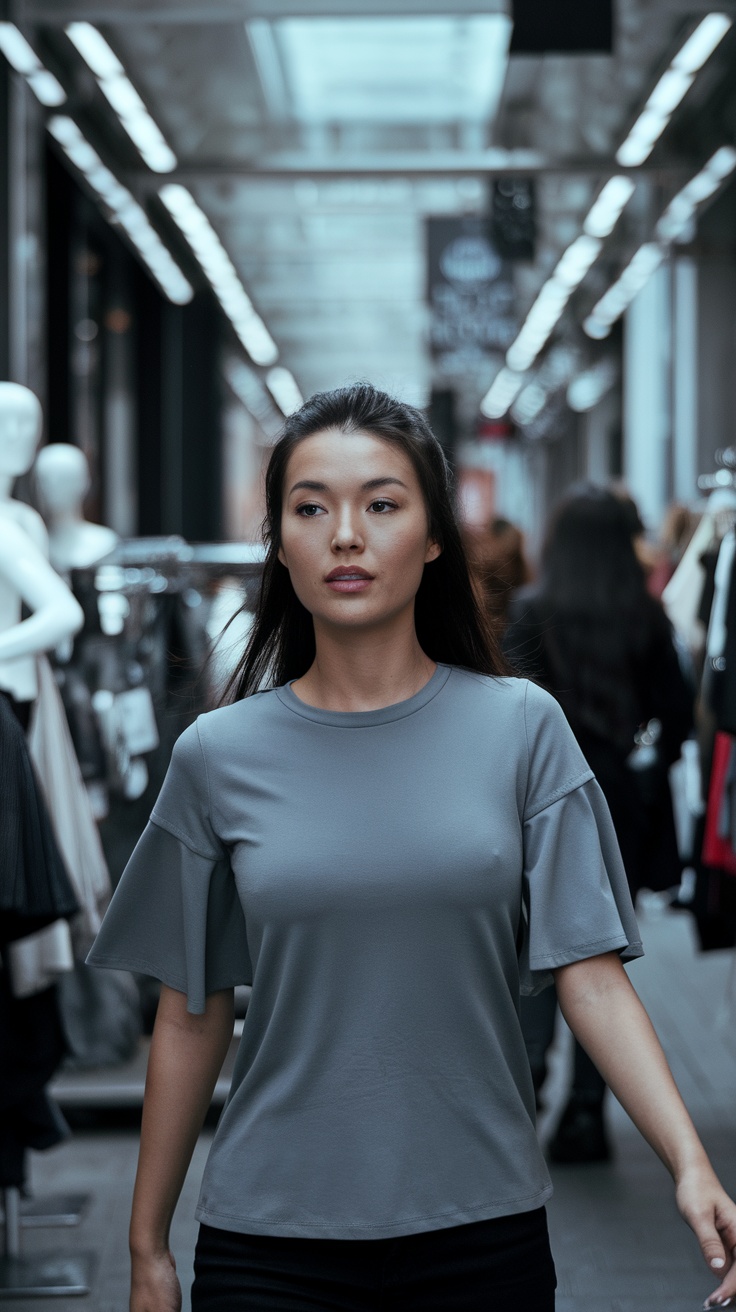 A woman walking in a gray flared sleeve t-shirt in a shopping area.