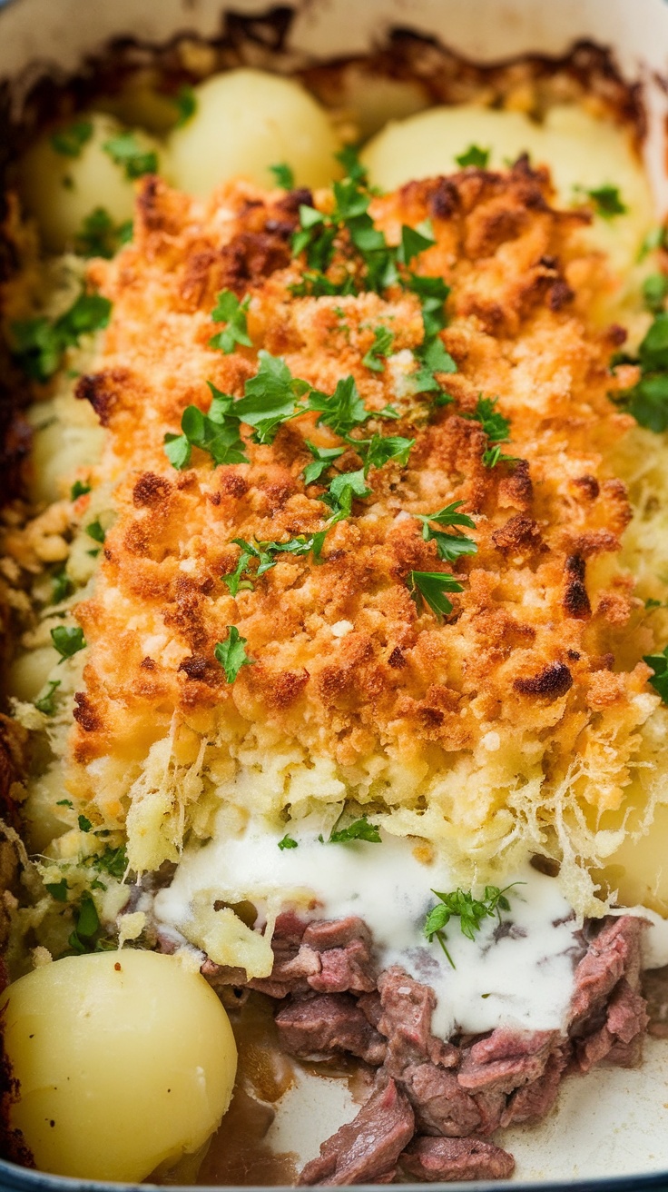 A hearty beef and potato casserole topped with breadcrumbs and parsley.