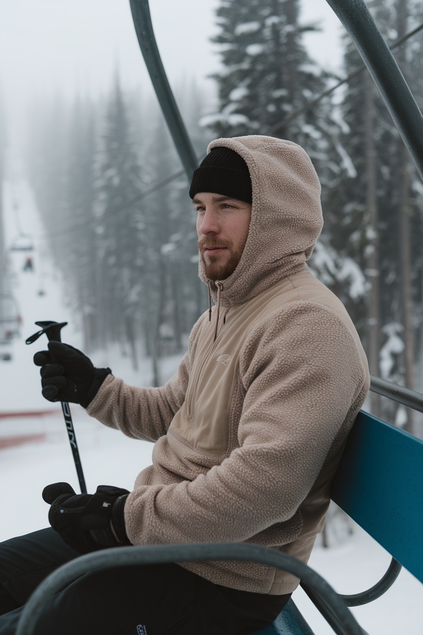 A man on a ski lift wearing a fleece-lined hoodie and beanie, surrounded by snowy trees.