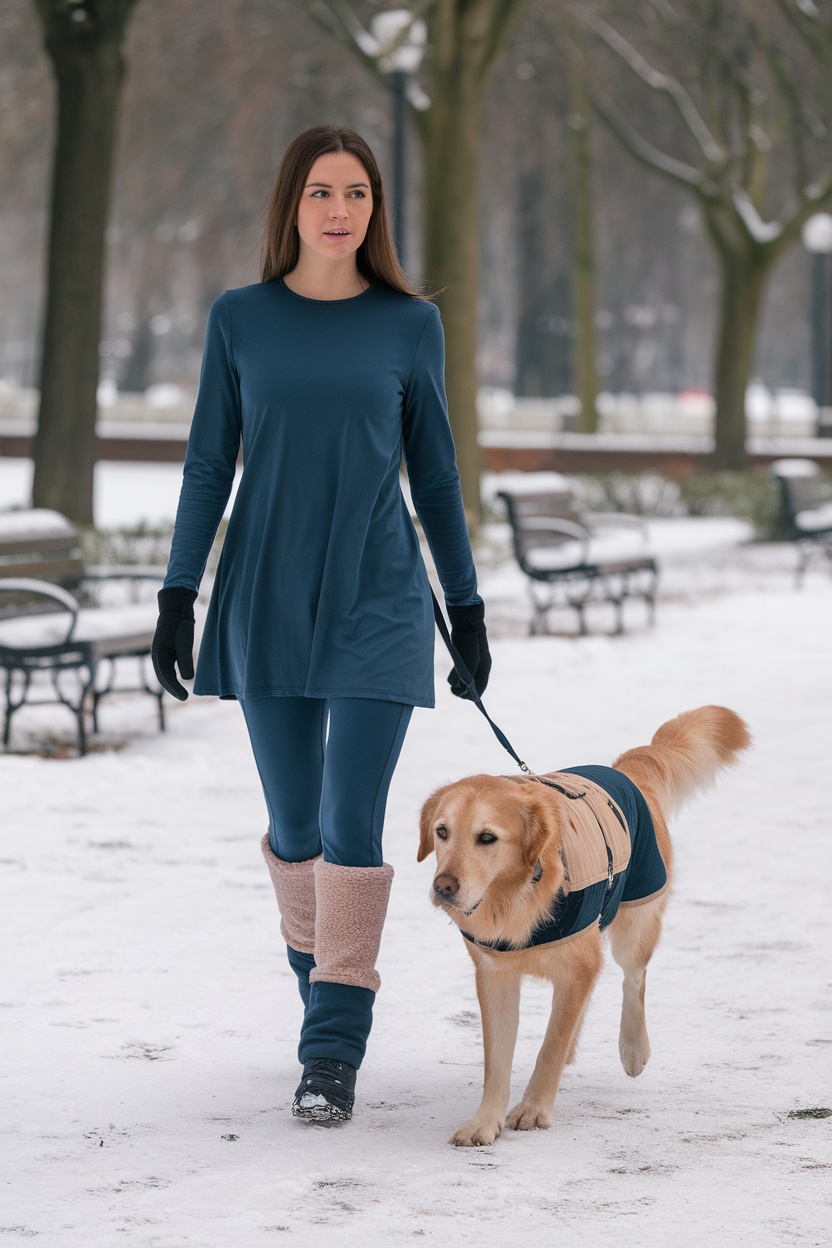 A woman walking her dog in a snowy park wearing fleece-lined leggings and a tunic top.