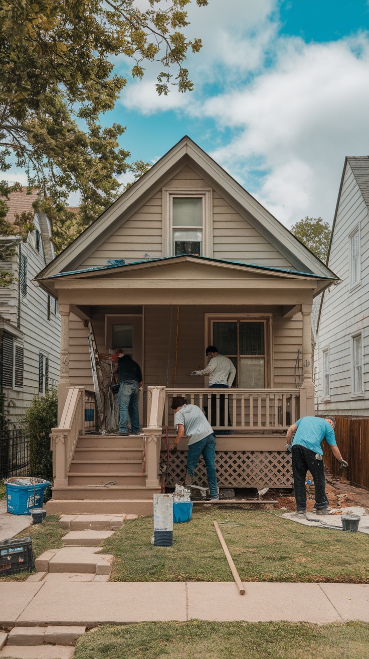 A team of workers renovating a foreclosed home, painting the exterior and improving its appearance.