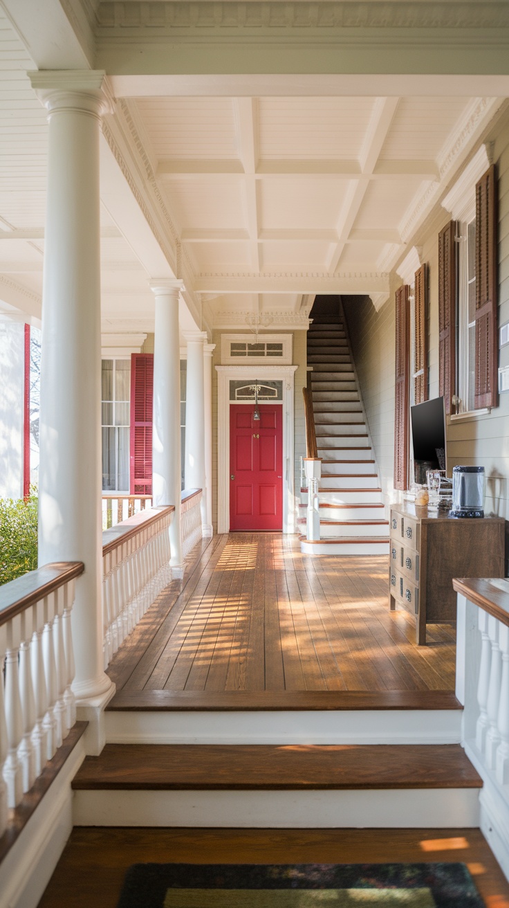 Entryway of a historic home featuring a red door and elegant columns.