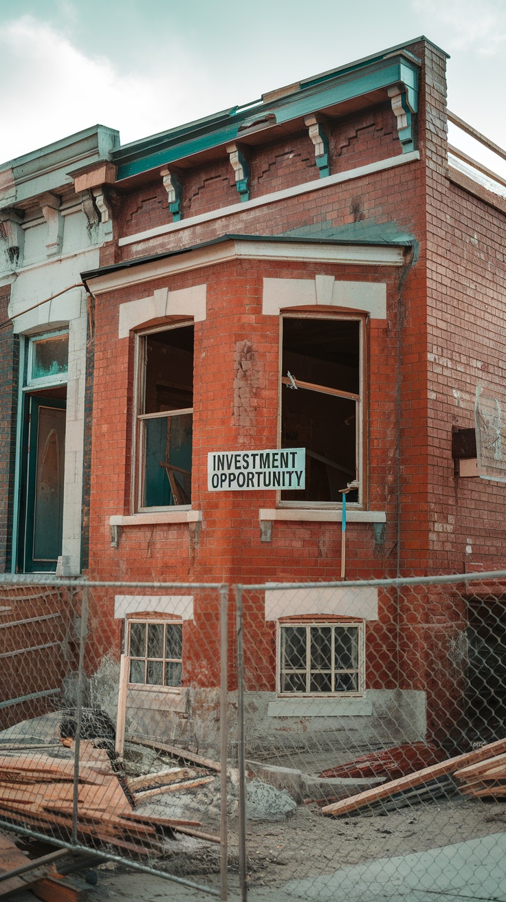 A red brick building with a sign that says 'Investment Opportunity' in front of it.