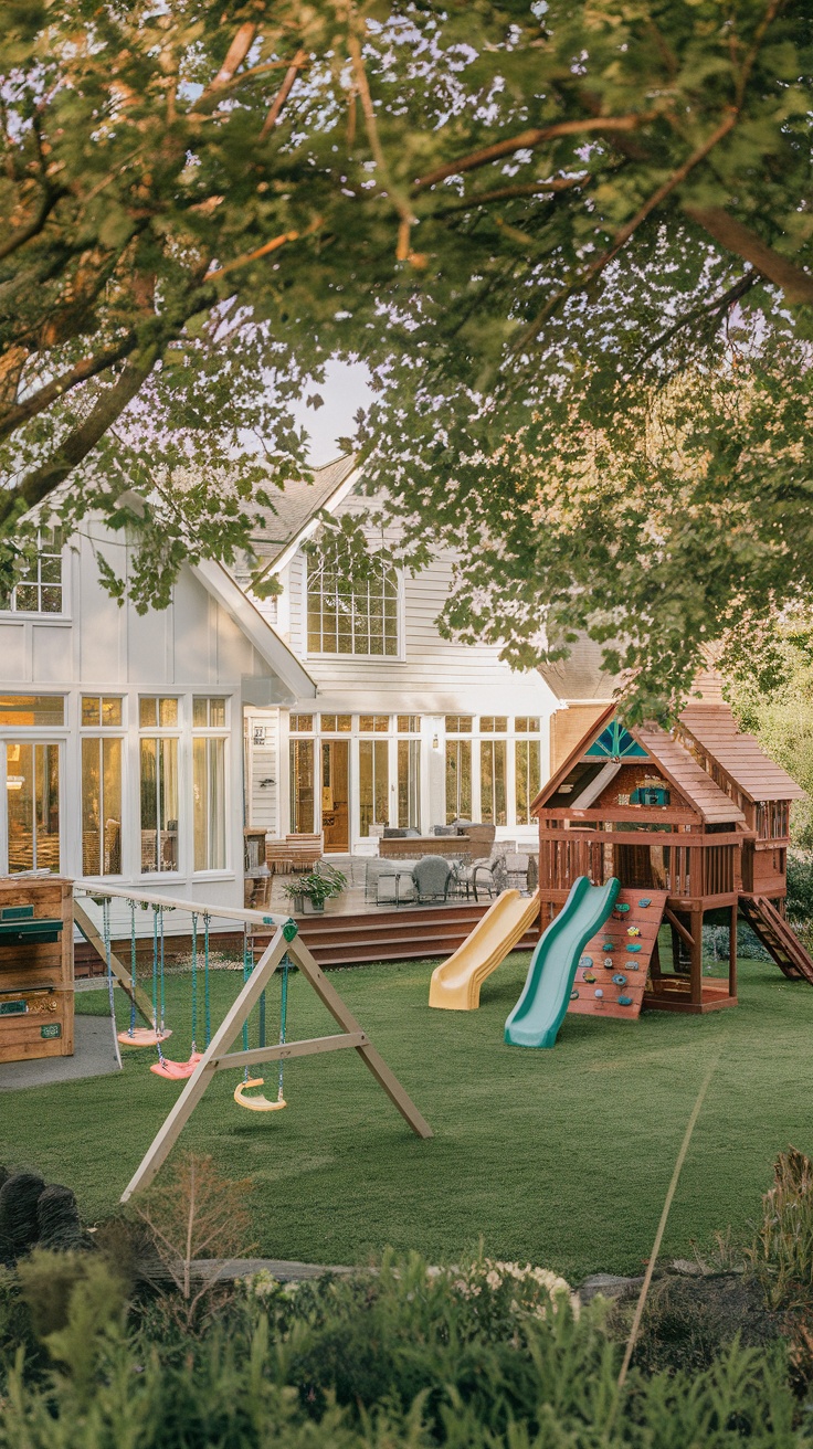 A cozy house with a playground in the backyard, showcasing a family-friendly atmosphere