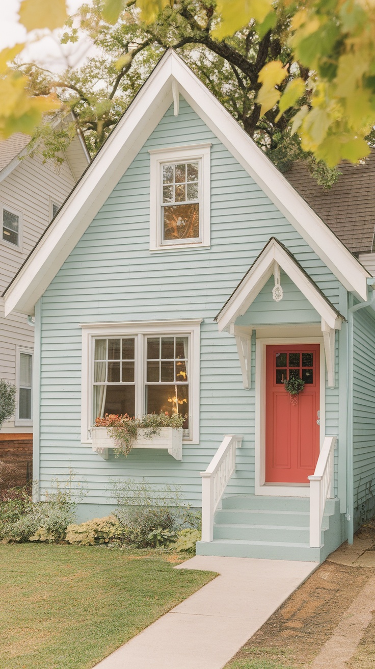 Charming light blue house with a red door and a garden, ideal for property flipping.