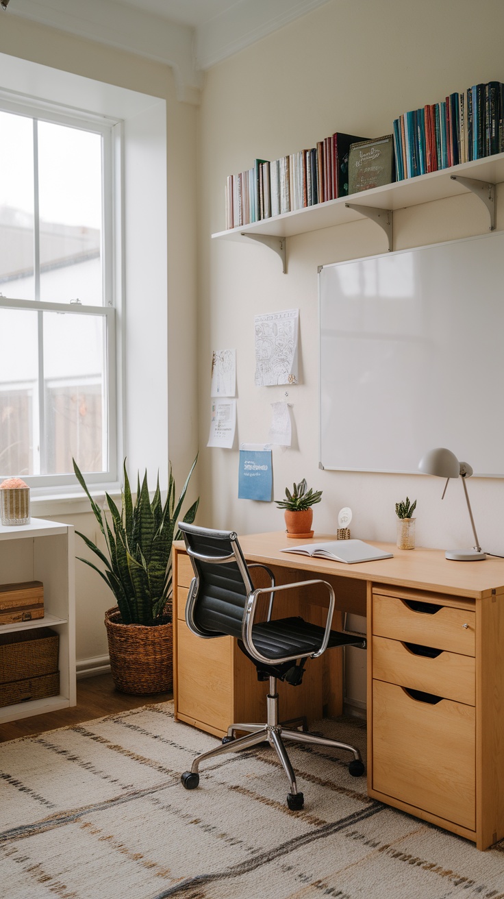 A well-lit home office with a desk, chair, and plants, showcasing a comfortable workspace for remote workers.
