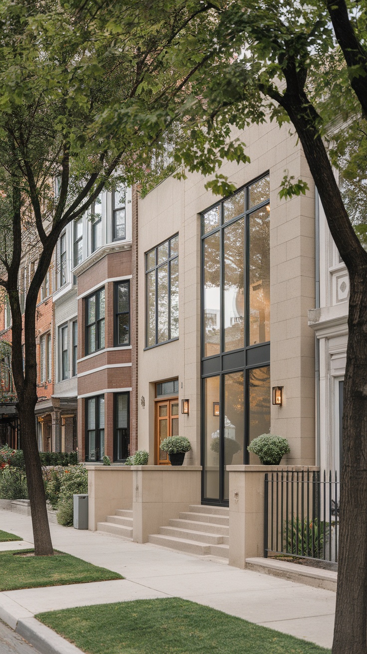 A modern house with large windows and greenery in an emerging neighborhood, contrasting with older buildings.